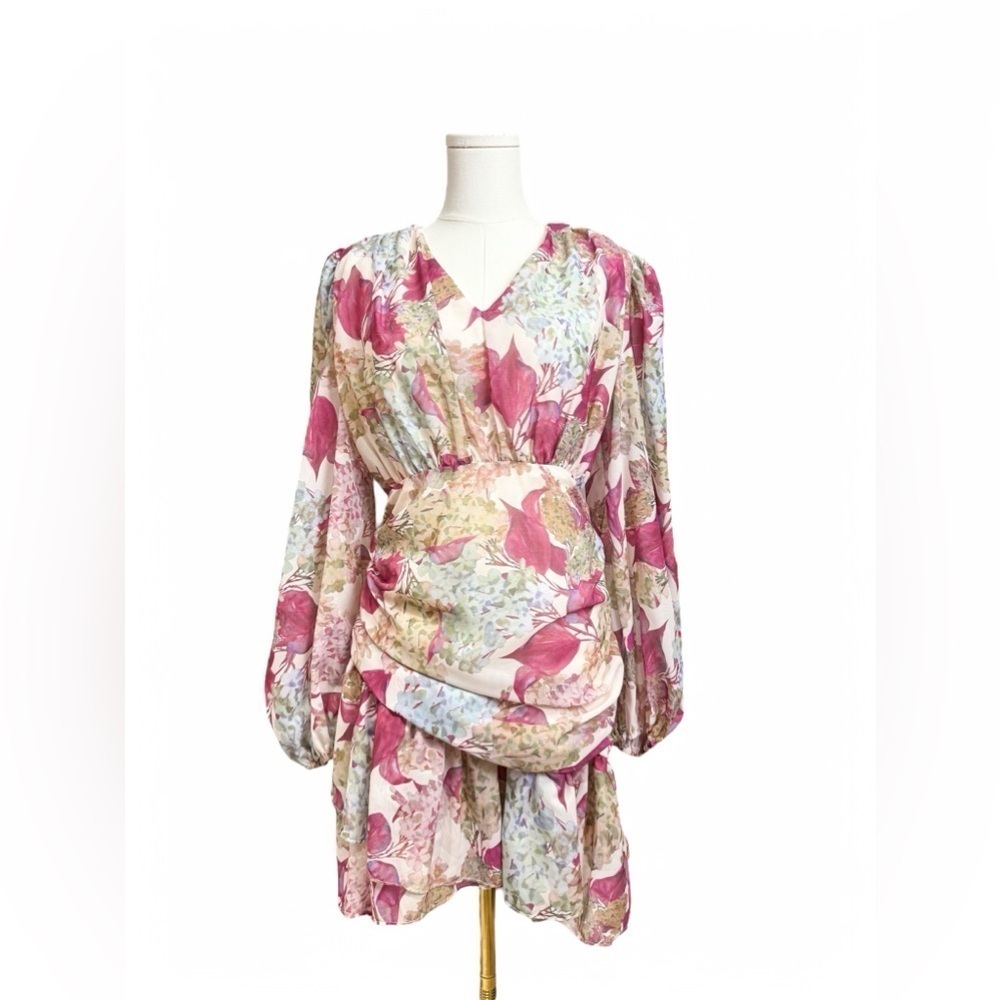 Floral V Neckline Cuff Sleeves Ruffle Skirt Chiffon Mini Dress Women Size Medium - Picture 2 of 8
